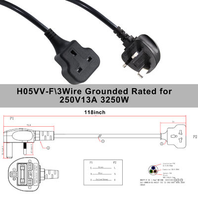 1M Electric Power Cord 13A 250V Ac Extension Cable For Rice Cooker