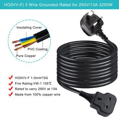 1M Electric Power Cord 13A 250V Ac Extension Cable For Rice Cooker