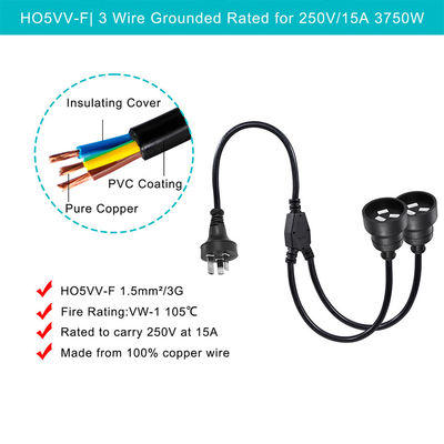 Indoor 3M 3 Prong Extension Cable Male To Dual Female Y Splitter Power Cord