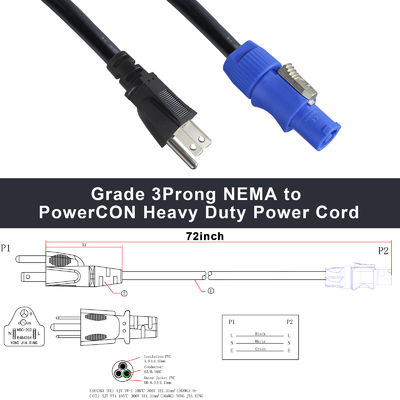 SJT SJTW Wire Extension 3Pin USA Power Cord 3M With US To PowerCON Connector