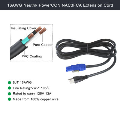 SJT SJTW Wire Extension 3Pin USA Power Cord 3M With US To PowerCON Connector