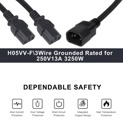 Durable OEM ODM Power C14 C13 3 Way Splitter Extension Cord 0.8m IP11