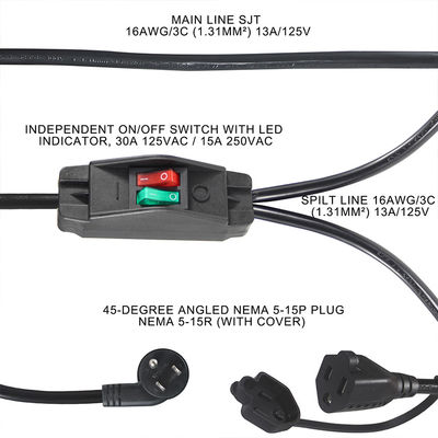 15A/125V Flat Plug Inline 1 Main Line 2 Sub Nema 515P 3Pin Y Type Splitter Power Cord With Switch