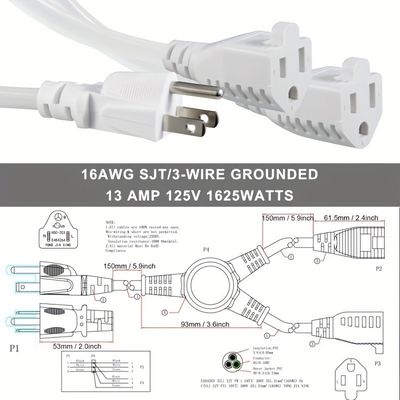 125V 13A Electric Power Cord NEMA5-15P to NEMA 5-15R 1 to 2 Y Splitter SJT 16AWG 3 Wire