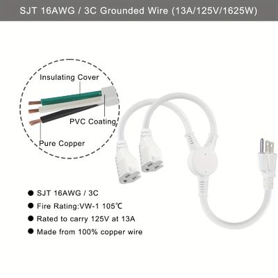 125V 13A Electric Power Cord NEMA5-15P to NEMA 5-15R 1 to 2 Y Splitter SJT 16AWG 3 Wire