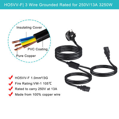 UK Adapter C13 Y Splitter Iec Plug Cable End for Outdoor Extension Lead 1 to 2 Power Strip