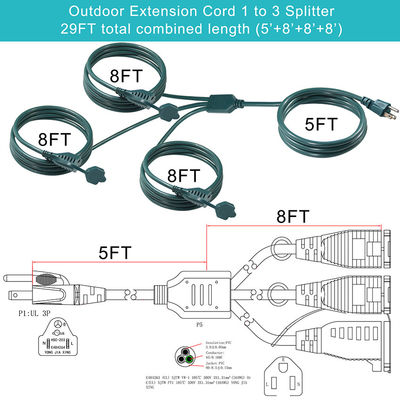IP11 Green Color Multi Ways Us Cord 515P To 3X Nema 515R Electrical Outlet Mains Power Cable Splitter