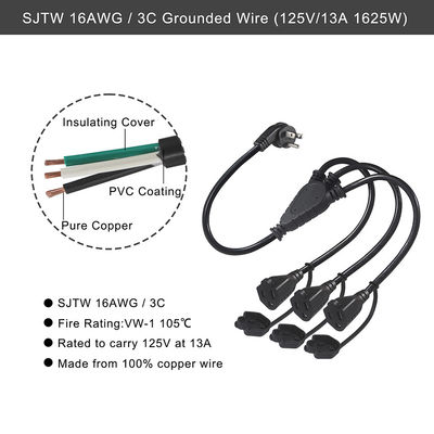 NEMA 5-15P 3x5-15R Y Splitter Power Cord 3FT 16AWG Rubber Jacket