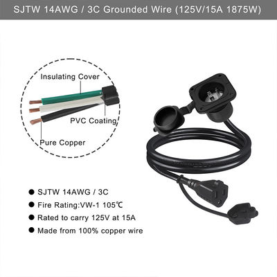 Power SJTW Extension Supply US Male To Female Plug NEMA 5-15R To Waterproof Converter