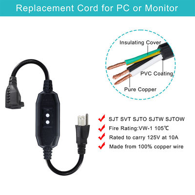 NEMA 5-15P to 5-15R GFCI AC Power Cord 4ft Black