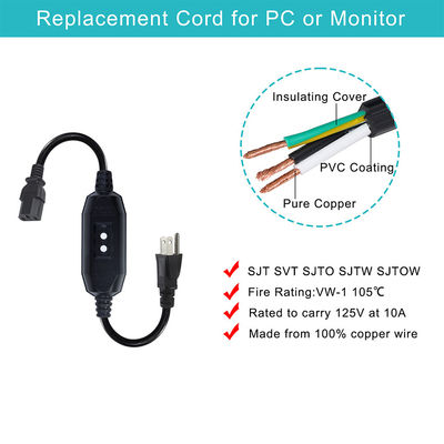 Home Appliance IP54 Outdoor Cable with GFCI NEMA 5-15P to IEC 60320 C13 Female 0.5m Cable Length