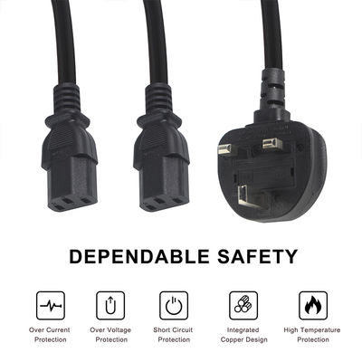 BSI Approved Y Branch Extension Cable UK 3Pin To IEC C13 Female Socket Supply Cord