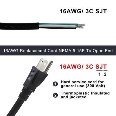 NEMA 5-15P To 10MM Power Stripped Extension Cord SJT SJTW 3 Wire Cable