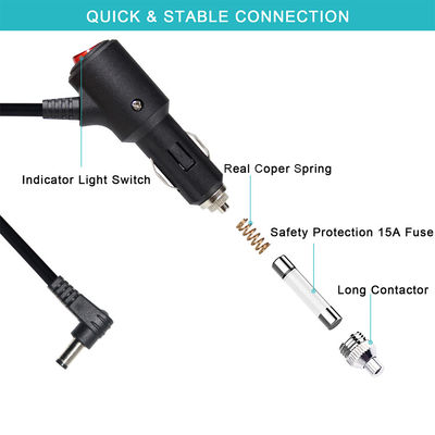 15A Fuse Cigarette Lighter Extension To Right Angle DC 2.1MM Jack Cigar Cable