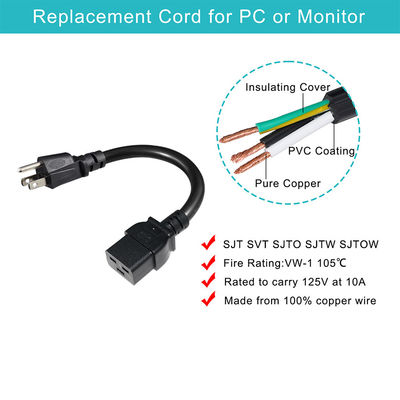 3 Pin Sjt With Cable Sjtw Iec 320 C19 To Nema 5-15p 3Pin Lock Ac Extension 5Ft 6Ft