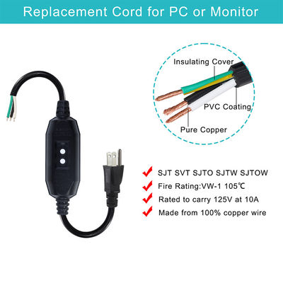 Industrial-Grade Heavy Duty 18AWG NEMA 5-15P Power Cord with RCD Protection & Bare Wire Ends for Machinery/Home Appliances