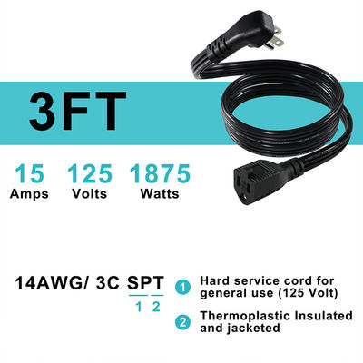 14 AWG SPT-3 Flat Wire Power Cord NEMA 5-15P to 5-15R Straight Blade Plug 15A 125V Flexible Cable for Industrial/Home Use
