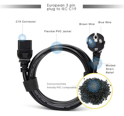 1.2M Heavy Duty EU to C19 Power Cord Industrial Grade for Server/Data Center Use 10A 250V CE RoHS Certified