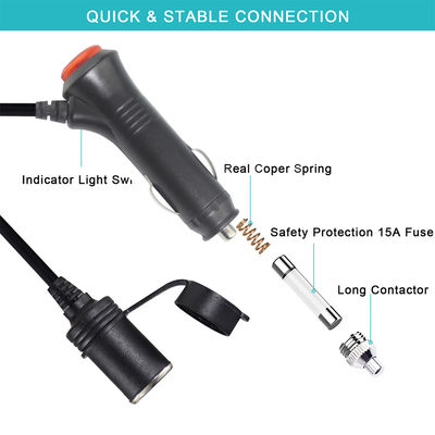 12V/24V Car Cigarette Lighter to Socket Extension Cord with Dual USB Ports for RV Truck Charging Devices 10A 3Meter CE Certified