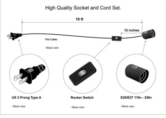 NEMA 1-15P to E27 Socket Converter Cable with 303 Switch - 125V 10A