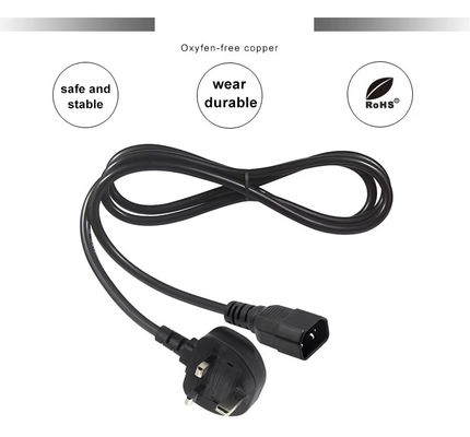 UK to C14 Power Cord 1.2M  250V 10A 16AWG Shielded Cable for UPS/Server Rack/Medical Device (IP67/RoHS/BS1363)