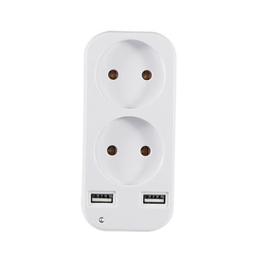 EU Dual Socket Wall Plug Adapter with 2 USB Ports 250V 10A