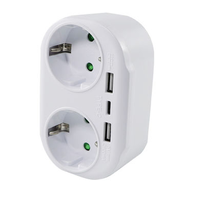 European Standard Power Plug Adapter with Dual AC Outlets, 2 USB Ports, and 1 Type-C Charging Port  250V 10A
