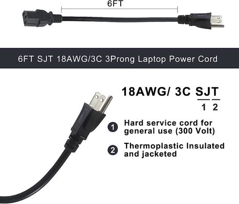 NEMA 5-15P to C13 Power Cord 6ft 18AWG for Computers and Monitors