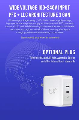 120W Dual USB-C GaN PD Charger with US 2-Pin Plug