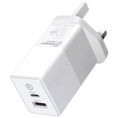 UK 2-Pin 65W GaN Charger with USB-C and USB-A Ports