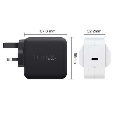 UK 2-Pin USB-C Charger with Dual Ports, 100W High-Speed Type-C Power Adapter for Laptops, Tablets, and Smartphones