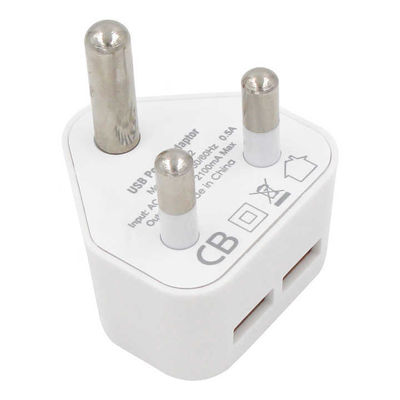 South Africa SA Plug Dual USB-A Wall Charger – 5V 2.4A Output AC Adapter for Mobile Phone, Tablet, USB Devices