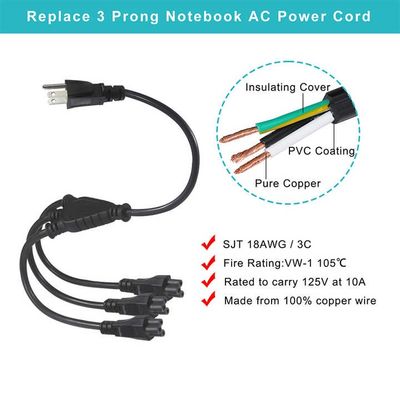 NEMA 5-15P to 4-Way IEC C5 Power Splitter Cord- US Plug to Cloverleaf Adapter Cable for Laptop, Adapter, Notebook Charger