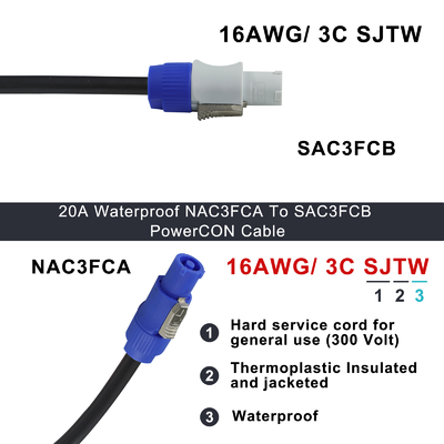 PowerCON Extension Cable -3-Pin Locking AC Power Cord for Stage Lighting, Audio Equipment, Event Power Distribution