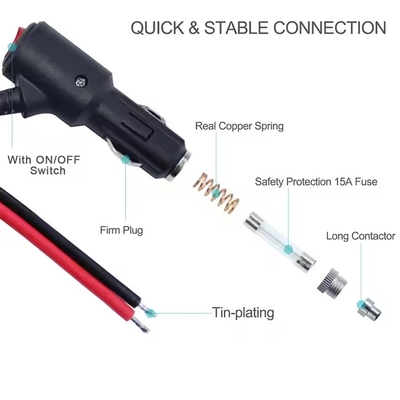 Cigarette Lighter to Tinned Stripped Wire - 12V/24V Heavy-Duty Power Cable with Fuse for DIY & Automotive Use