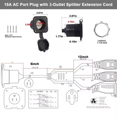 NEMA 5-15P to 2x 5-15R Y Splitter Power Extension Cable- 2 Outlets, 125V/15A, UL Listed for Indoor Use