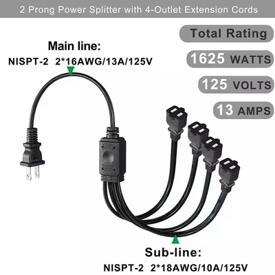 1-to-4 NEMA 1-15P Flat Plug Power Splitter - Space-Saving 125V 15A Multi-Outlet Extension for Home/Office
