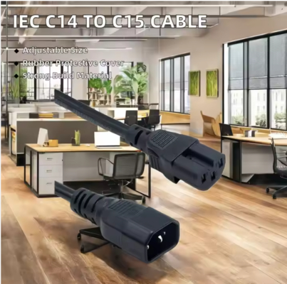IEC C14 to C15 Power Cord, Male to Female High-Temperature Cable 250V 10A for Server, Network, PDU, Kettle