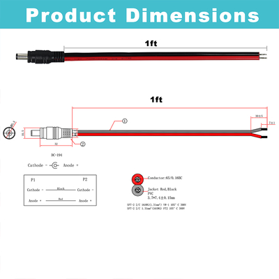 DC Male Plug to Tinned Wire Cable 5.5x2.1mm 5.5x2.5mm 12V for CCTV LED