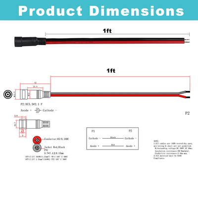 DC Female Jack to Tinned Wire Power Cable 5.5x2.1mm 5.5x2.5mm 12V 24V