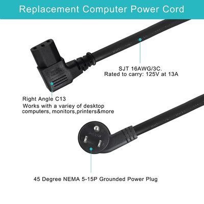 Right Angle NEMA 5-15P to Right Angle IEC C13 Power Cord, Heavy Duty 18AWG SJT Cable for Server PDU Network Switch