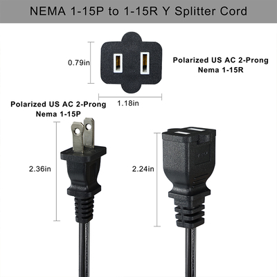 NEMA 1-15P to 1-15R 2-Prong Extension Cord 110V-250V Copper PVC
