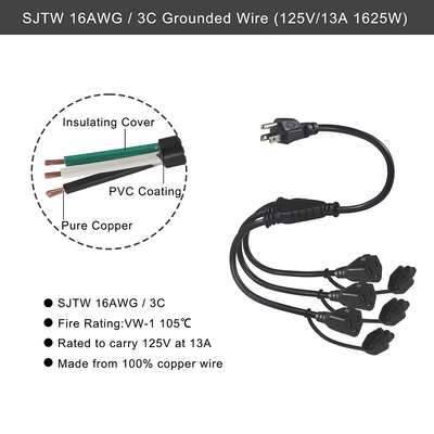 NEMA 5-15P to 3-Way 5-15R Power Splitter SJTW 16AWG