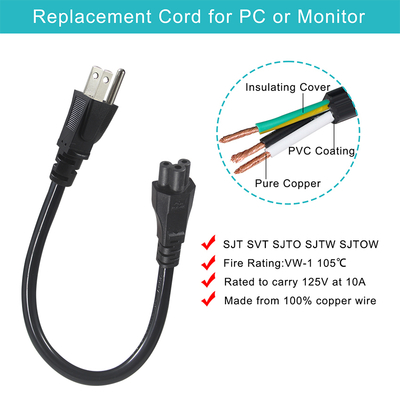 JIS C 8303 to IEC C5 Power Cord 125V 10A for Laptops