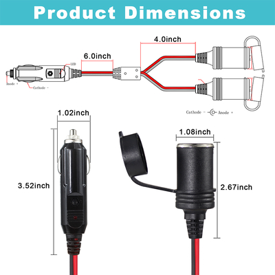 12V Car Cigarette Lighter to Dual Socket Splitter Extension Cable Adapter for DC Power Supply GPS Dash Camera Tablet