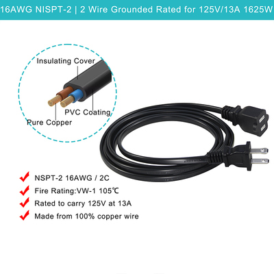NEMA 1-15P to NEMA 1-15R Power Extension Cord 18AWG Black 2 Prong AC Cable for Appliance Office Equipment Lighting Electronics