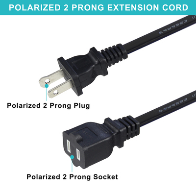 NEMA 1-15P to NEMA 1-15R Power Extension Cord 18AWG Black 2 Prong AC Cable for Appliance Office Equipment Lighting Electronics